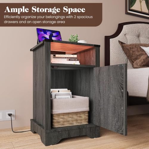 Image of Softa Nightstand Set of 2 with Charging Station & LED Lights, Rustic Bedside Table with Storage Cabinet and Shelf, Farmhouse Wooden End Table, Dark Gray