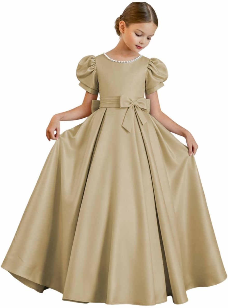 Vestido de niña de Flores de satén Blanco con Cuello Perlado, Espalda en V, Vestido Largo de comunión con Mangas Cortas abullonadas, Vestidos Formales de Boda.
