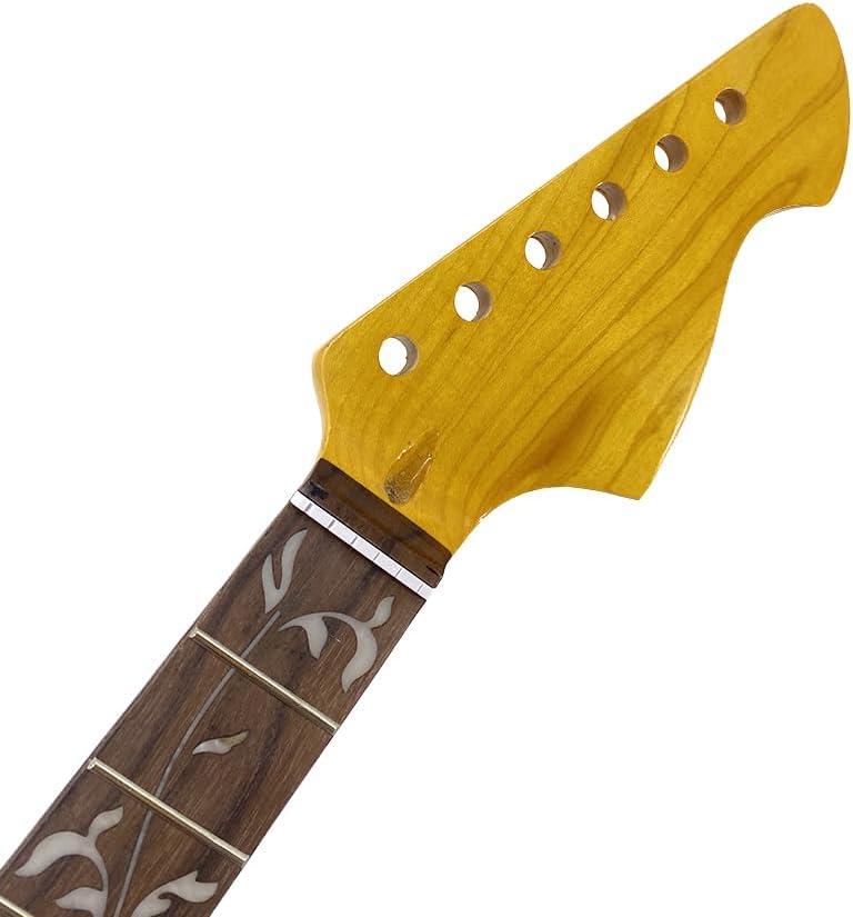 Maple Gloss Yellow Finish Electric Guitar Neck 25.5" Scale, Rosewood Fretboard 22 Frets, C Shape 10-12" Radius Normal Nut Bolt-On Heel Guitar Parts Replacement (Vine Inlay Without Binding)