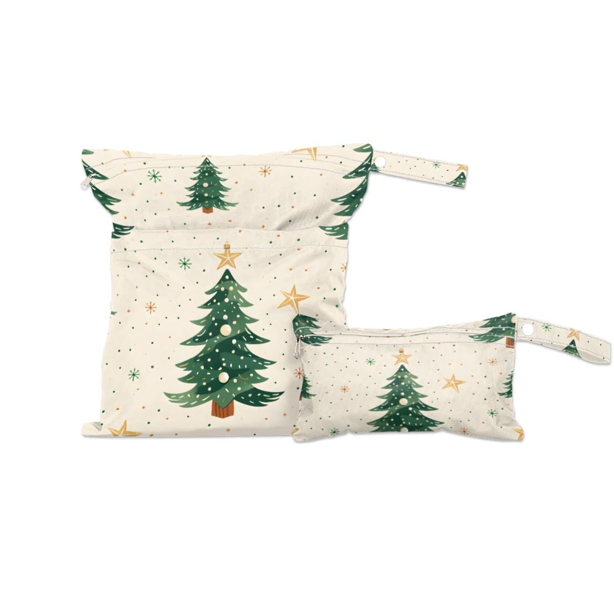 2pcs Cloth Diaper Wet Dry Bag with Two Zipper Pocket Waterproof Storage Bag Travel Laundry Bags, Beach, Pool, Breast Pump Parts, Gym Bag for Swimsuits & Wet Clothes for Baby (Scattered Christmas Tree)