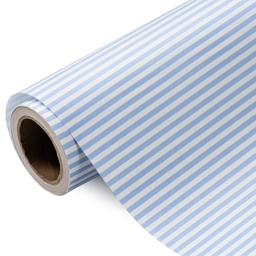 WRAPAHOLIC Kraft Striped Wrapping Paper Roll - Mini Roll - 17 Inch x 16.5 Feet - Classic Light Blue and White Stripe Wrapping Paper for Baby Shower Birthday Wedding