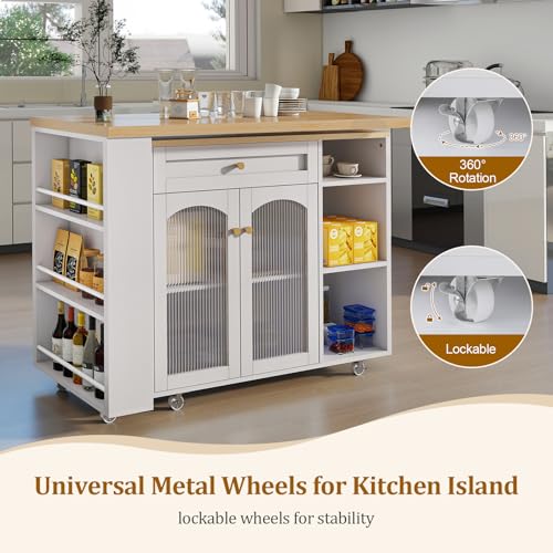 Image of LYNCOHOME 71.1 inch Rolling Kitchen Island with 360 Rotating Tabletop, Mobile Lockable Wheels & Adjustable Shelves, Multifunctional Storage Cart for Kitchen & Dining（White）