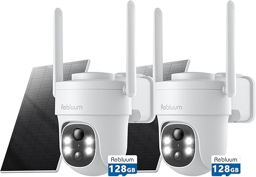 Rebluum Cámara de seguridad inalámbrica para exteriores, cámara solar de 5MP para exteriores inalámbrica con tarjeta SD de 128 GB (paquete de 2)