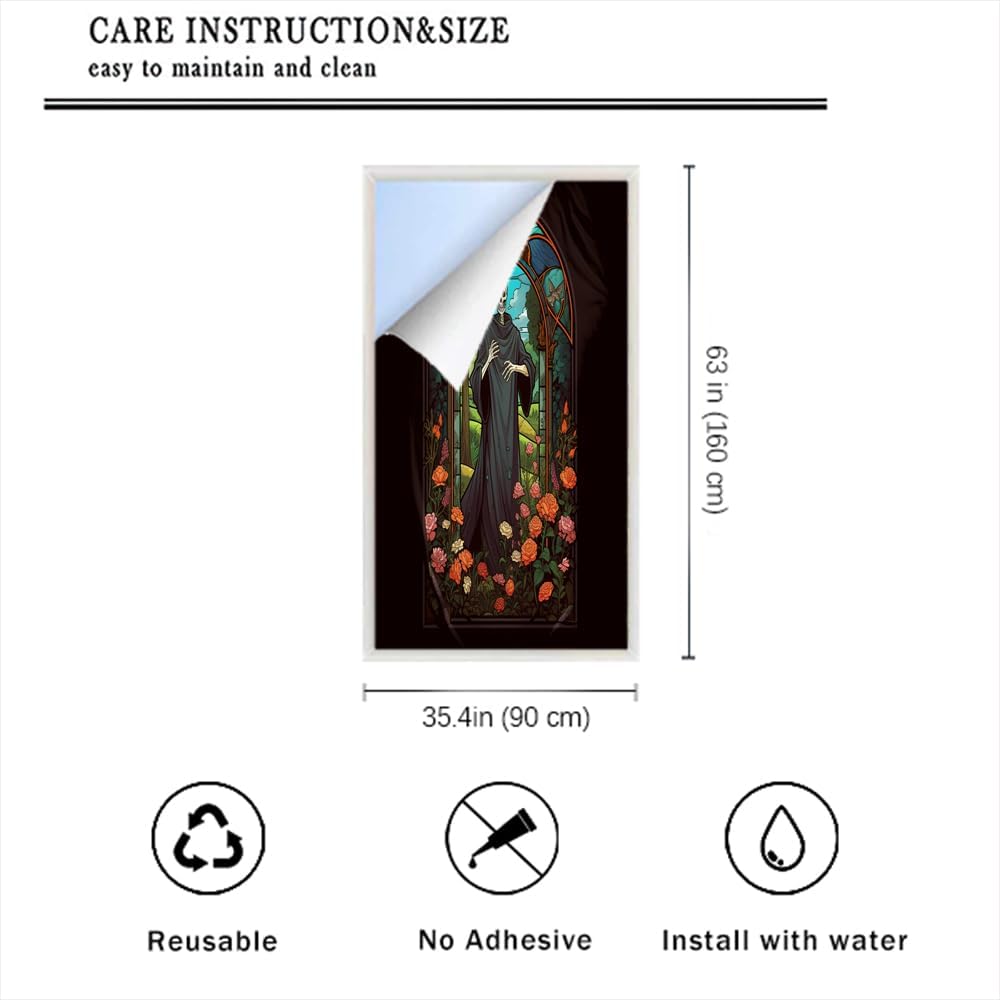 Field Flower Skeleton Window Privacy Film Abstract Horror Colorful Scenery Horror Stained Glass Window Coverings Glass Sticker Frosted Window Film for Home Office Stores 35.4Wx63L inch