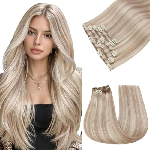 Image of Easyouth Clip in Human Hair Extensions Blonde Highlight, for Beginners
