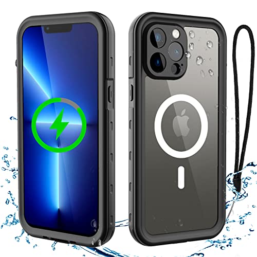 Magnetic Waterproof Case for iPhone 13 Pro Max [MagSafe Compatible] IP68 Underwater Full Body Protective Cover Shockproof Rugged Bumper with Clear Black Transparent Back & Built-in Screen Protector