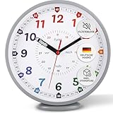 LATENO - Wanduhr Kinder Grau - zum Aufstellen oder Aufhängen - 25 cm - Analoge Kinderwanduhr für Jungen & Mädchen - Lernuhr Kinder ohne Tickgeräusche - Wanduhr Kinderzimmer lautlos - Uhr Kinderzimmer