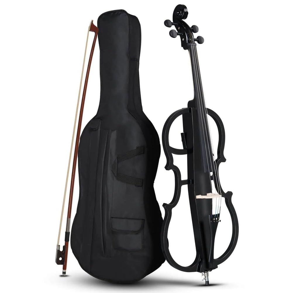 Violoncello Elettrico Nero Metallizzato Legno Massello, Violoncelli 4/4 Sound, Performance Professionali sul Palco, con Custodia, Archetto, Colofonia, Auricolari e Cavo Collegamento