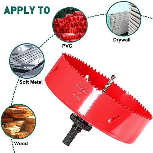 Image of HYCHIKA 6 Inch /152mm Hole Saw,Bi-Metal Cutter Hole Max Cutting Depth 1-1 /2inch(40mm) with 1 Arbor,2 Drill Bit for Wood Cutting Cornhole Plastic Drywall Boards Fiberboard