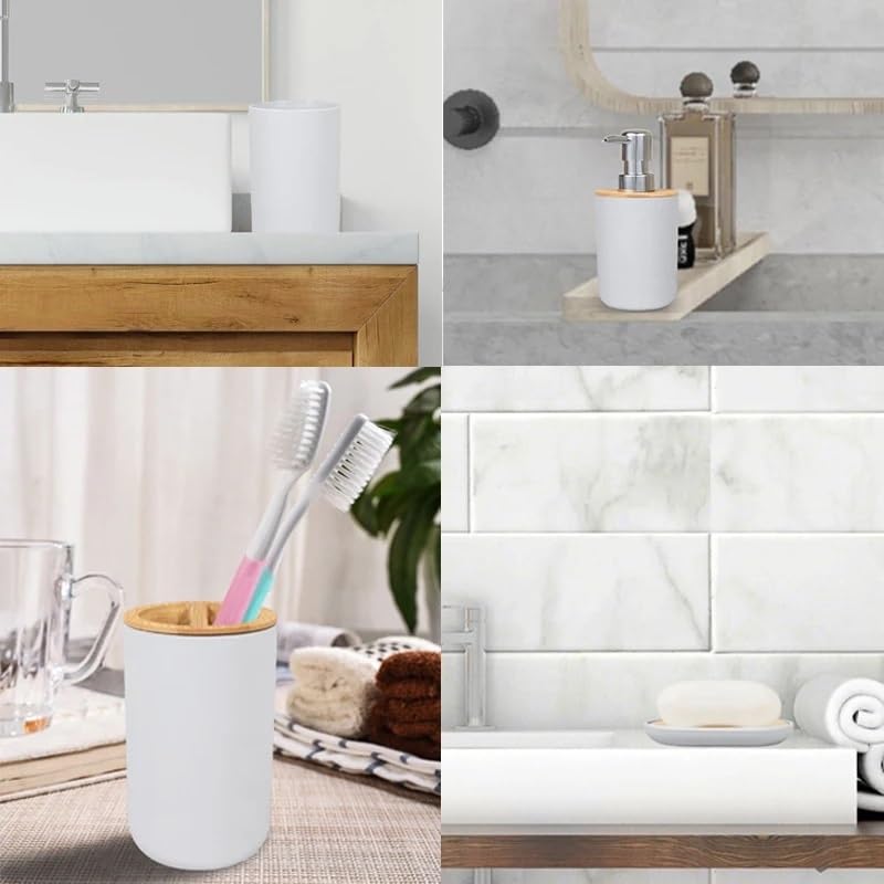 Juego de 4 accesorios de baño blancos, soporte para cepillo de dientes, dispensador de jabón y almacenamiento de resina de imitación para artículos de tocador, elegante decoración de baño