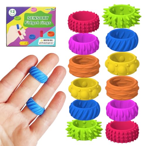 Fidget Sensory Rings for Autism & ADHD | Anxiety & Stress Relief Finger Toys for Kids & Adults | 12-Pack Focus & Sensory Stimulation | Non-Toxic, Durable, Portable | Classroom & Office Use