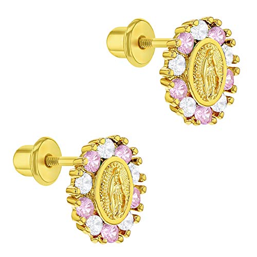 Gold Plated Our Lady of Guadalupe Cubic Zirconia Safety Screw Back Baby Earrings - Meaningful Religious Gift for Special Little Girl In Your Life - Screw-On Backs for Babies and Kids2