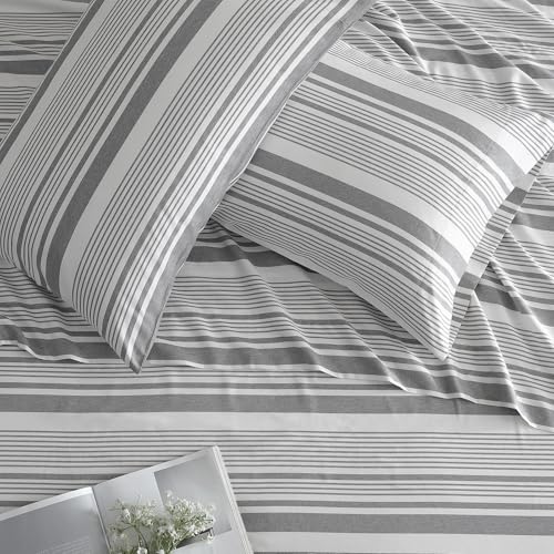 Image of ClevaHome King Sheets Set - 4 Piece Fitted Bed Sheet Set, Stone Stripe | 16 inch Deep Pocket, Super Soft & Breathable, Enhanced Comfort & Easy Care, Classic Stripe Sheet Set