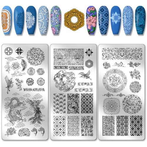 PH PandaHall 3pcs Chinese Porcelain Nail Stamping Plates Dragon Phoenix Patterns Nail Art Templates Pottery Texture Nail Art Stencils Flower Nail Image Plates for Nail Design Salon Chinese New Year