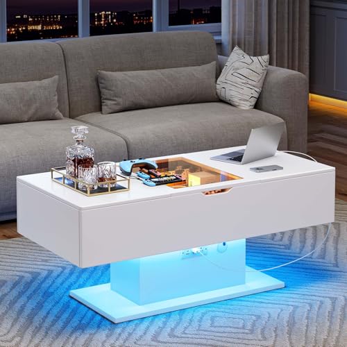Seetech 44 LED Coffee Table 3 Drawers Smart Coffee Table with LED Lights Charging Station and 1 Flip Top Compartment for Living Room Home Office White