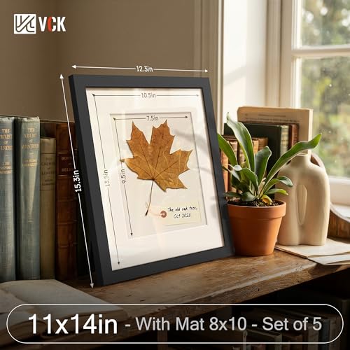 Image of VCK 11x14 Picture Frame 5 Pack, Black Wood, 8x10 Mat, Glass, for Photo