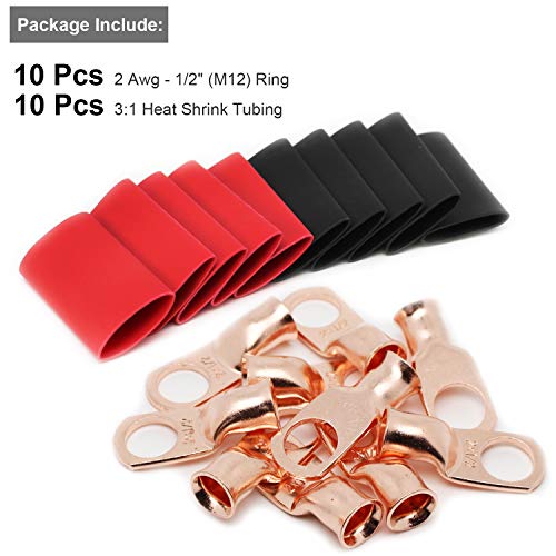 Image of 10pcs 2 AWG-1 /2 inch Battery Lugs, Copper Wire UL Listed Heavy Duty Cable Ends, Tubular Ring Terminals, Crimp Wire Ring Connectors With 3:1 Heat Shrink Tubing