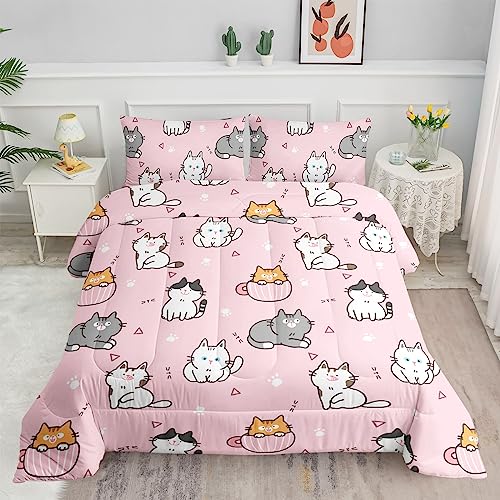 Datura Home Pink Kawaii Cat Comforter Bedding Set For Girls Lovely Kitten Pink Print Cute Animal Pattern Bedding Set With 1 Comforter And 2 Pillowcases For Girls Bedroom All Season(Cat Pink Twin) #TOP1