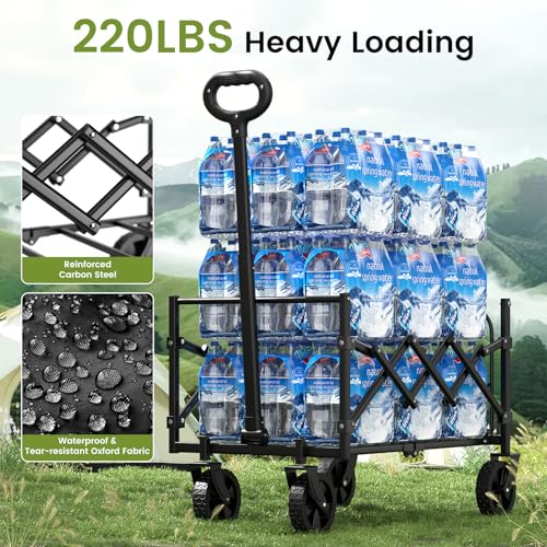 220LBS Foldable Wagon with All-Terrain Wheels, Portable Wagon Cart with Extended Tailgate, Adjustable Handle, Utility Cart for Camping, Shopping, Garden, Sports, Grocery, Black