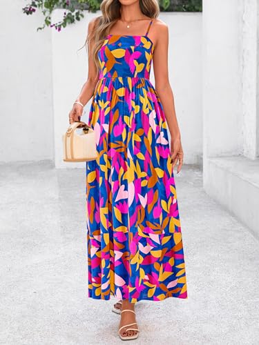 Image of PRETTYGARDEN Women Summer Maxi Dresses 2026 Spaghetti Strap Boho Floral Striped Wedding Guest Beach Vacation Flowy Long Dress