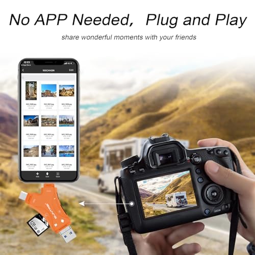 Image of SUNTRSI SD Card Reader for iPhone /ipad /Android /Mac /Computer /Camera,4 in1 Micro SD Card Reader Trail Camera Viewer, Portable Memory Card Reader SD Card Adapter for SD and TF Cards (Orange)