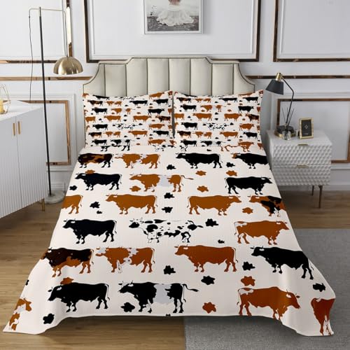 Manfei Rustic Farmhouse Bedspread Queen Size Bedding for Teens Living Room Cow Decor Coverlet Set Cattle Skin Fur Print Quilt Set for All Season,3 Pcs with 2 Pillowcases