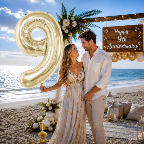 Image of KatchOn, Number 9 Balloon, 40 Inch Champagne Gold Foil Balloon Number 9