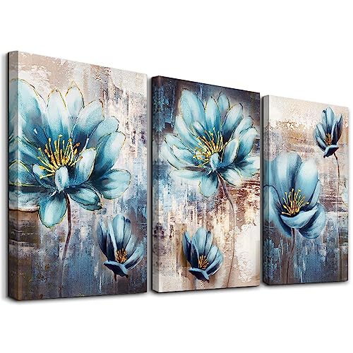 Canvas Wall Art For Living Room Family Wall Decor For Bedroom Abstract Blue Flowers Wall Paintings Office Decor Modern Wall Decorations For Kitchen Wall Pictures Artwork 12″ X 16″ 3 Piece
