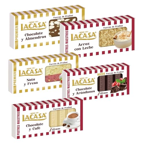 Surtido Turrones Lacasa: 5 tabletas de turrón variadas: Chocolate y almendra, Arroz con leche, Chocolate y arándanos, Chocolate y café y Nata y fresa