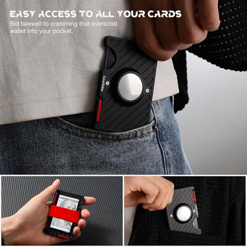 Image of Minimalist Wallet for Men with Air tag Holder(Not Included AirTag), Rfid Blocking Metal Wallets with Money Strap, Slim Front Pocket Aluminum Card Holder, Black, LKA-04