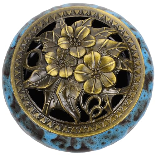 Housoutil Incensario Vintage de Cerámica Tapa de Aleación de Cobre Soporte para Incienso Tipo Torre Diseño Esmaltado Azul Craquelado Adecuado para Sala de Té Dormitorio y Oficina 1