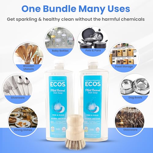 Image of Unscented Dish Soap Liquid Hypoallergenic Cleaning Pack with 1 Natural Sisal Dish Scrub Brush & 2 Unscented Clear Liquid Dishwashing Soap With Biodegradable Formula (3 Items)