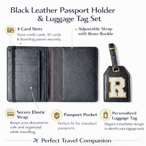 Image of Passport Cover & Bag Tag Combo | Personalized Initial Alphabet Custom A-Z Name Initial | Fits Standard Passports | Travel GiftIdeal Travel Gift for Women, Girls & Couples (Black)