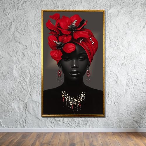 Tableau femme africaine portrait beauté authentique toile murale fleurs rouges inspiration