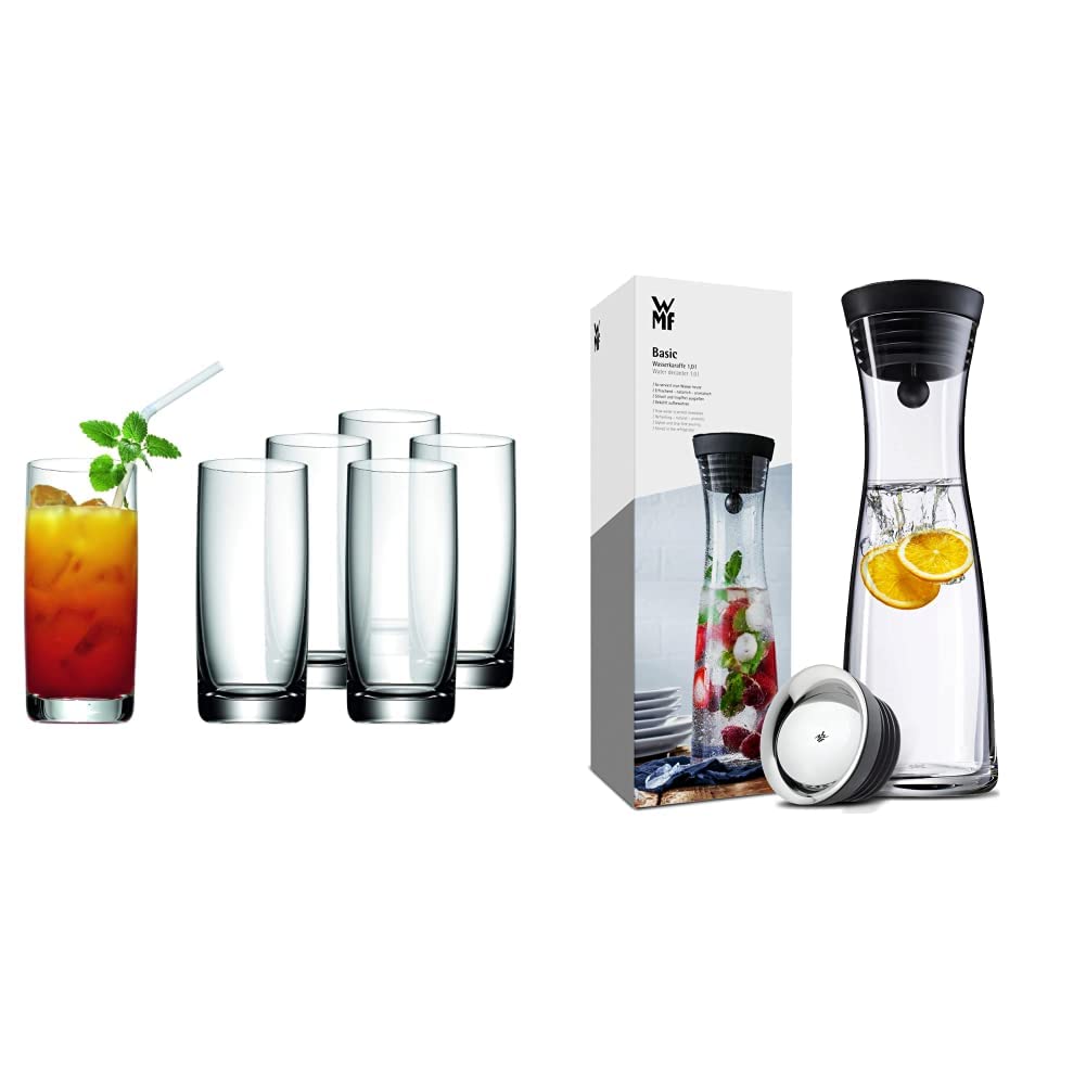 WMF Easy Longdrinkgläser Set 6-teilig, Cocktailglas 350ml, Kristallglas, bruchsicher & Basic Wasserkaraffe aus Glas, 1 Liter, Glaskaraffe mit Deckel, Silikondeckel, CloseUp-Verschluss