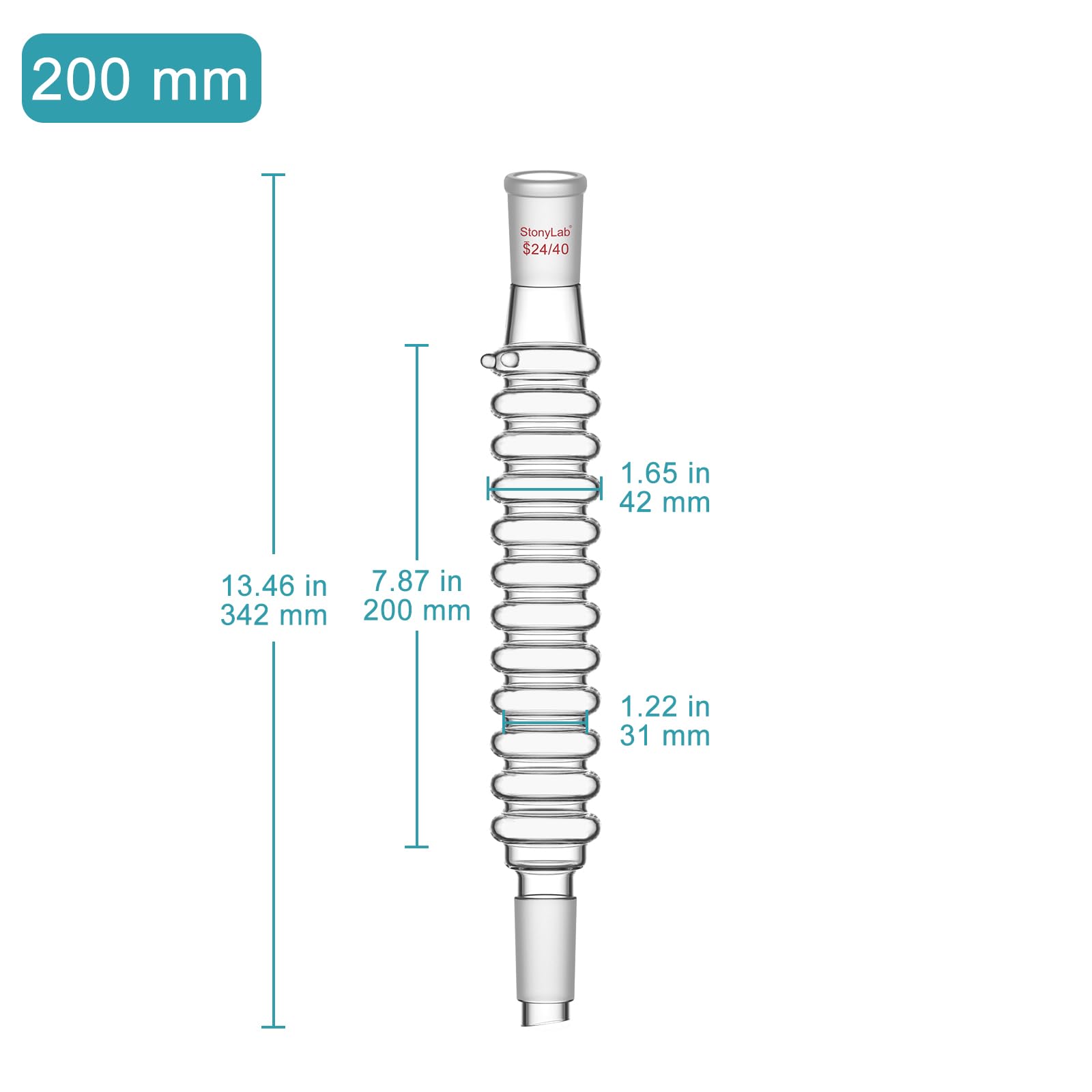 stonylab Condensador de Aire Sin Agua, Longitud Efectiva 200 mm, Condensador de Reflujo de Vidrio Borosilicato con Junta Estándar 24/40, Diám. Máx. 42 mm, para Experimentos de Destilación