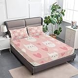 90 x 200 cm Kinder Spannbettlaken, Cartoon Katze Herzform Weiche Atmungsaktiv Microfaser Druck Spannbetttuch Rosa für BO x springbett, Matratze bis 30 cm höhe
