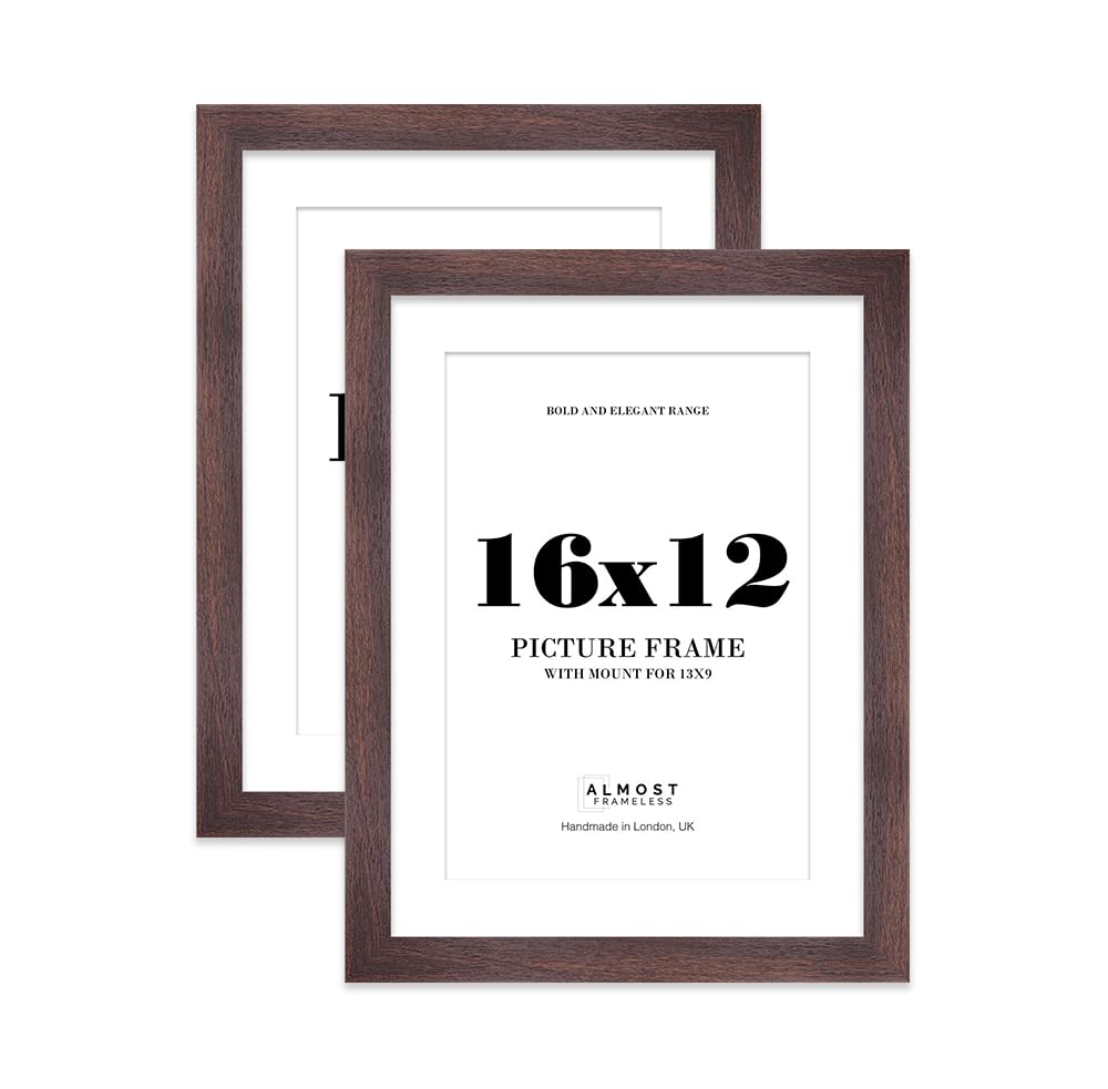 16x12" Walnut Frame With Mount for 13x9" Pictures 28mm Edge Portrait and Landscape Display with Wall Hooks, 2 Pack
