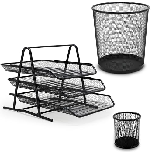 Waytex Ensemble Accessoires de bureau 3 pièces Métal Maille Mesh, Corbeille à Papier, Trieur 3...