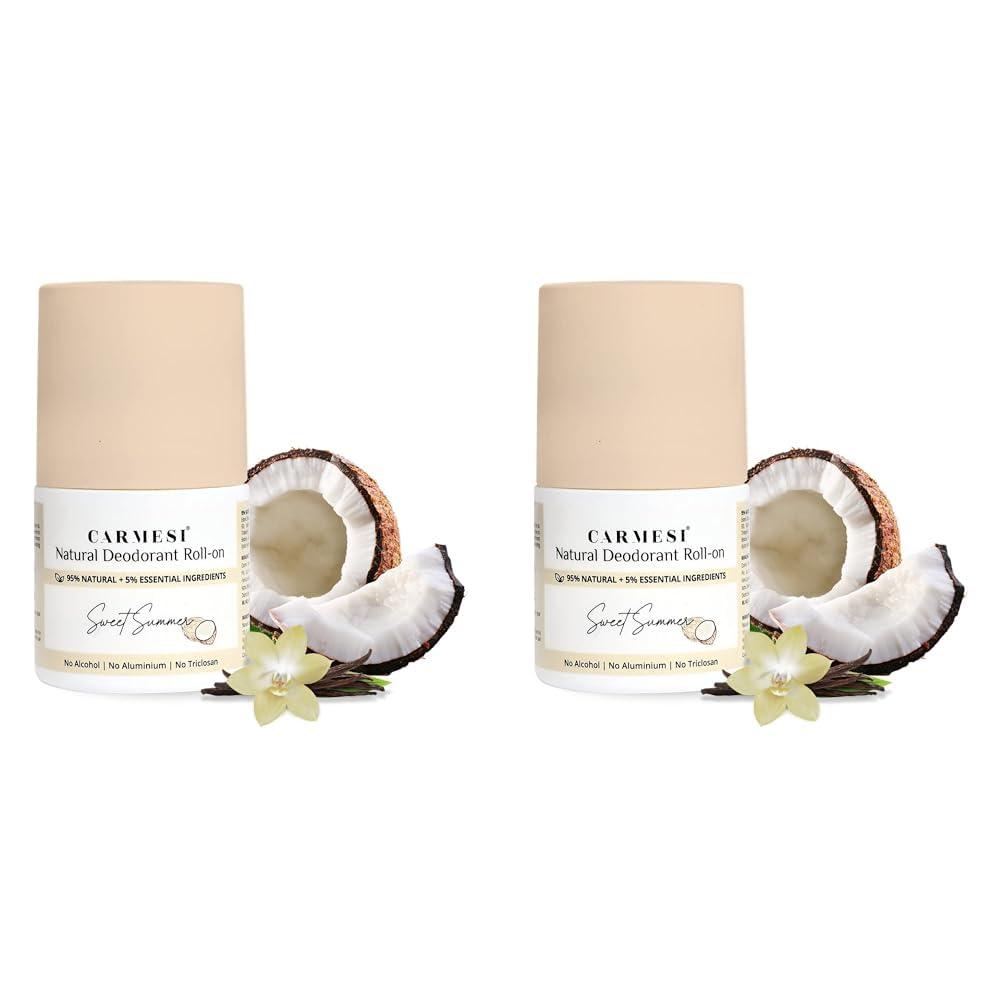 Carmesi Natural UnderArms Roll On Deodorant for Women | 95% Natural + 5% Essential Ingredients | For Fresh Underarms All Day | No Alcohol & Aluminium | Sweet Summer | 50 ml (Pack of 2)-image-11