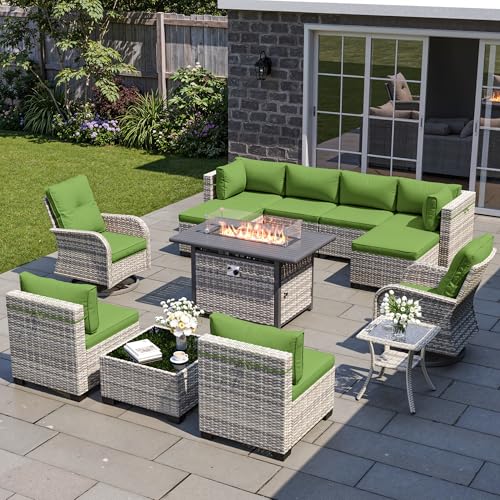 Image of 13-Piece Patio Furniture Set, Outdoor Patio Furniture with Swivel Chairs Set, Ottomans, 55,000 BTU Fire Pit Table, Modular Patio Sofa, Dual-Strand Rattan, Rust-Resistant Frame, Grass Green
