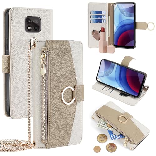 YOUULAR Wallet Case with Crossbody Strap Compatible for Motorola Moto G Power (2021), Magnetic Handbag Zipper Pocket Cases PU Leather Flip Shockproof Cover with Kickstand White