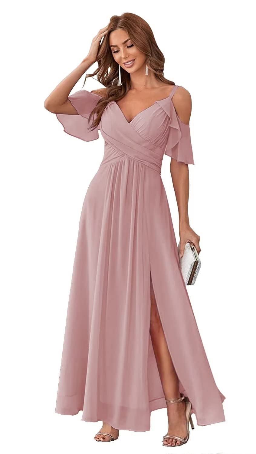 Women's Off The Shoulder Chiffon Bridesmaids Dresses with Slit Long Formal Party Dress