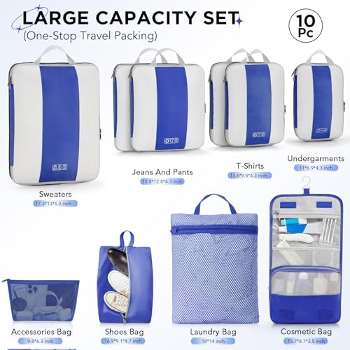 Image of OlarHike 10-Pack Compression Packing Cubes for Travel Essentials,Compressible Expandable Packing Cubes for Suitcase,Luggage Garment Bags for Travel,Handy Helper for Organizing Clothes(Klein Blue)