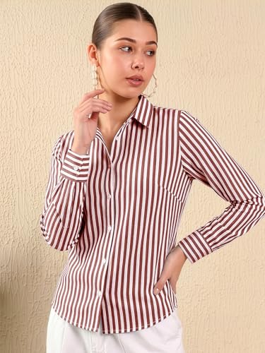 Image of Aahwan Solid Button Up Drop Shoulder Vertical Stripe Pattern Casual Long Sleeve Shirt for Women's & Girl's