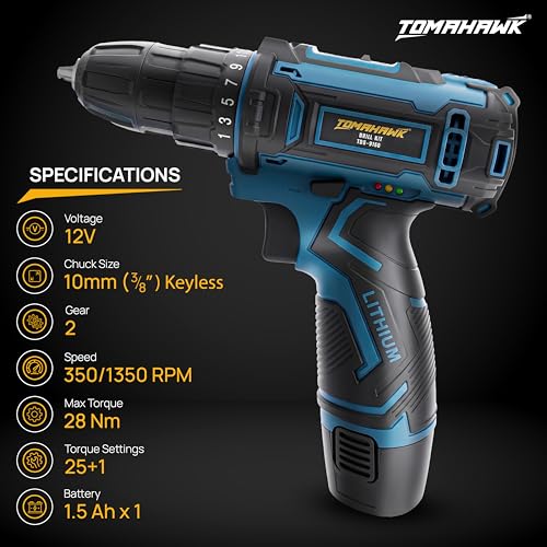Image of TOMAHAWK TDS-9150 12V Cordless Drill /Screwdriver Kit | 10mm Keyless Chuck | 2-Speed (350 /1350 RPM) | 1.5Ah Single Battery | LED Light | 25+1 Torque | Drill & Screwdriver Bit Set for Home, DIY