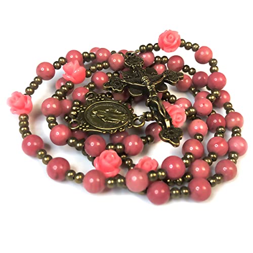 Pink Rhodonite Stone and Rose Rosary Beads for Women - Catholic Gifts With Our Lady of Graces Medal Centerpiece - Rosary Necklace3