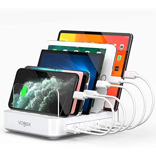 Estación de carga, Vogek 5 puertos 50W 10A USB estación de carga con 8 cables cortos mixtos para celulares, teléfonos inteligentes, tabletas, dispositivos múltiples