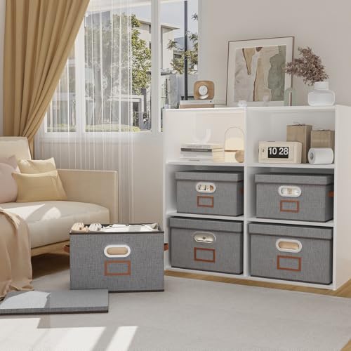 OUTBROS Cajas de Almacenamiento con tapas, Cestas de Almacenaje para estantes, Plegables Contenedores de tela para el hogar y la oficina, 33 x 23 x 20 cm, Gris, paquete de 1 - imagen 2