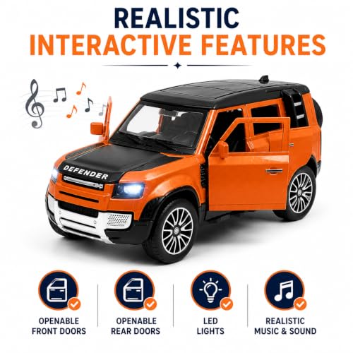 Image of 1:32 Scale Defender Die-Cast Metal Model Car with Pull Back Action, Openable Doors, LED Lights & Music, Alloy Collectible SUV Toy Car for Kids Boys Girls, Birthday Return Gift
